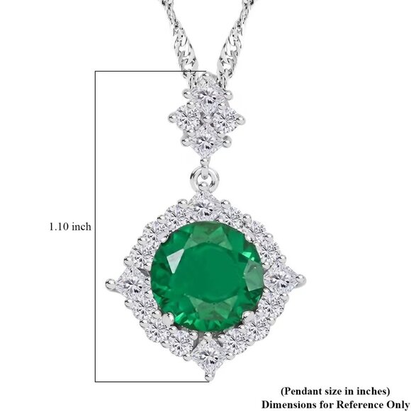 Vibrant Simulated Emerald and Diamond Pendant 18" Necklace in Silvertone - Picture 3 of 4